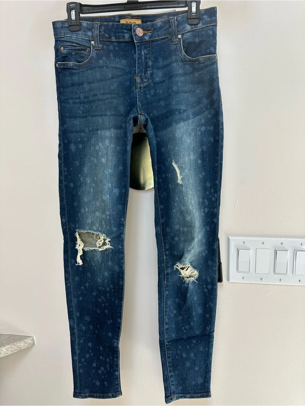 S Blue Piper Mid Rise Skinny Jeans Dark Wash Distressed Bleach Splatter Size 7