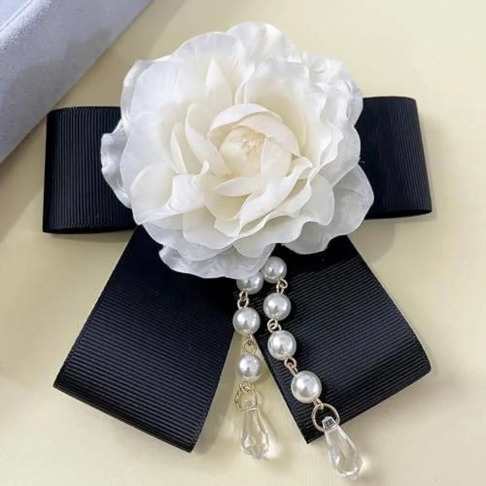 Vintage Style White Camellia Flower Brooch Black Ribbon Bow Pearl Dangle Pin‎