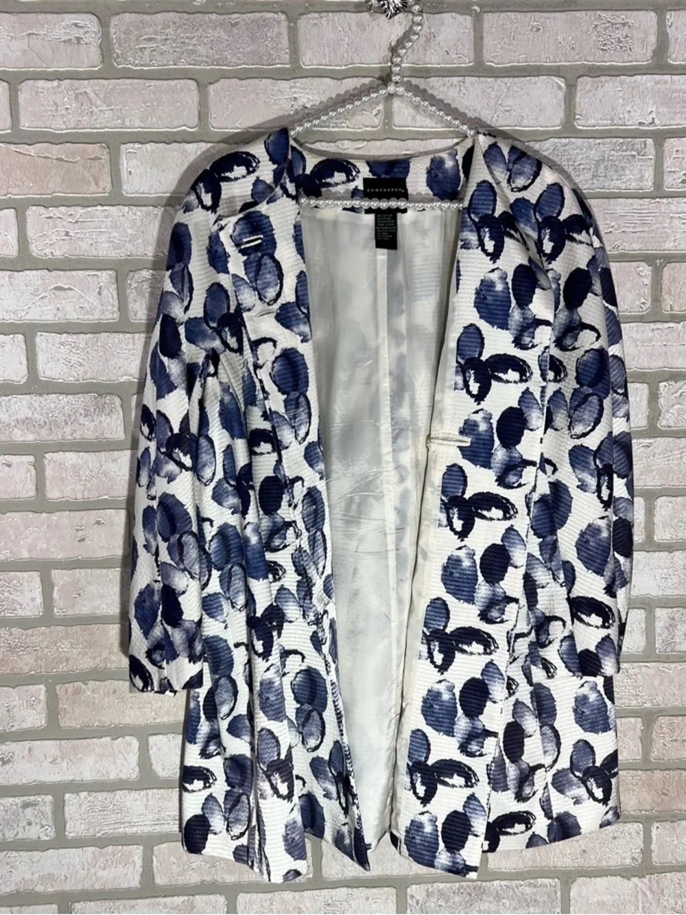Doncaster Collection Blue and White Abstract Floral Longline Jacket Size 16W