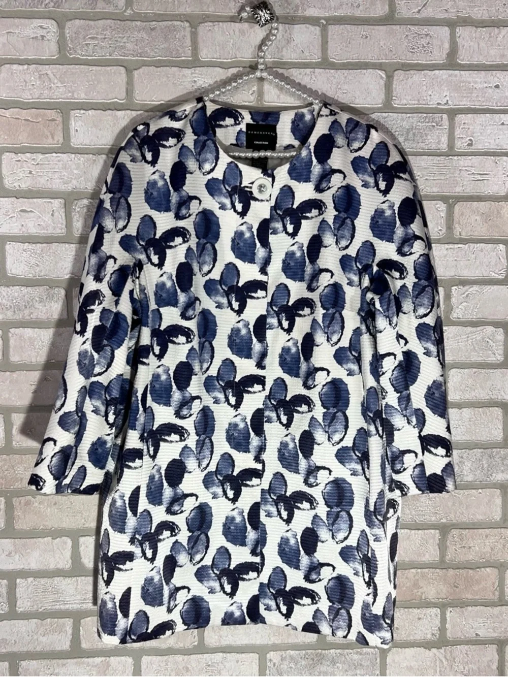 Doncaster Collection Blue and White Abstract Floral Longline Jacket Size 16W