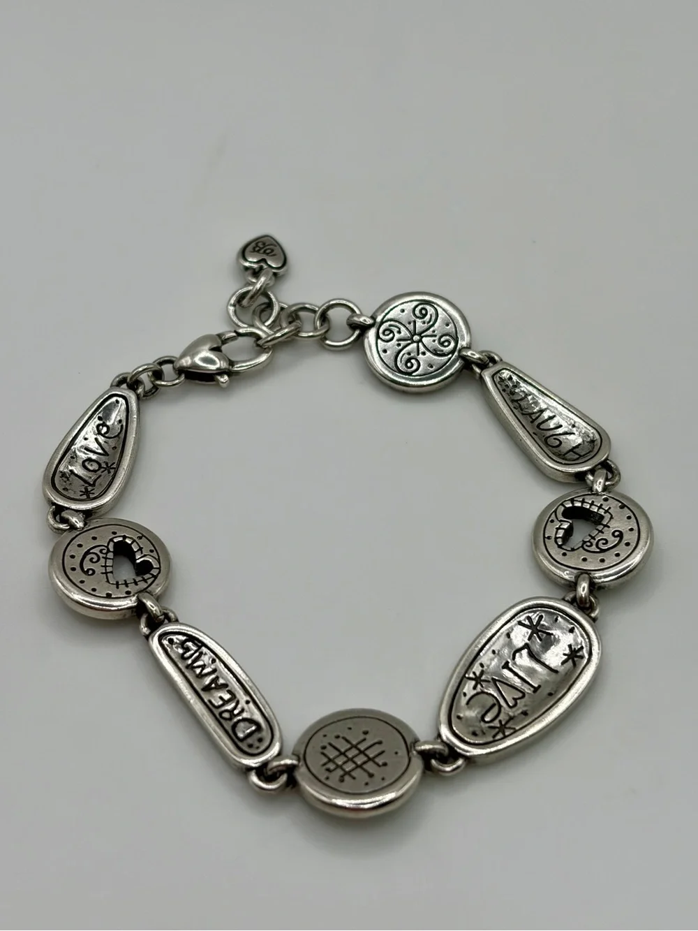 Brighton “Love Tags” Silver Retired Laugh Live Dream Heart Bracelet