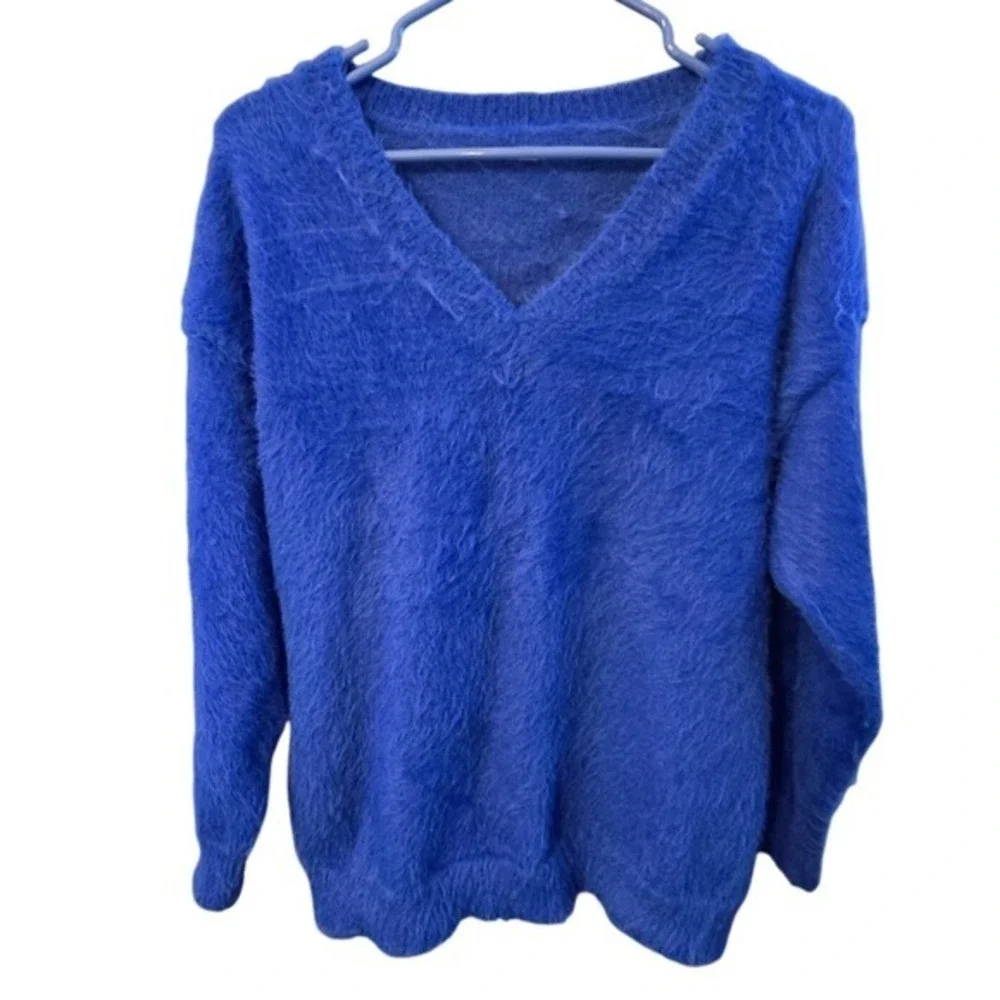 Fuzzy Knit Sweater V Neck Long Sleeve Cobalt Blue‎ Pullover Soft Comfortable