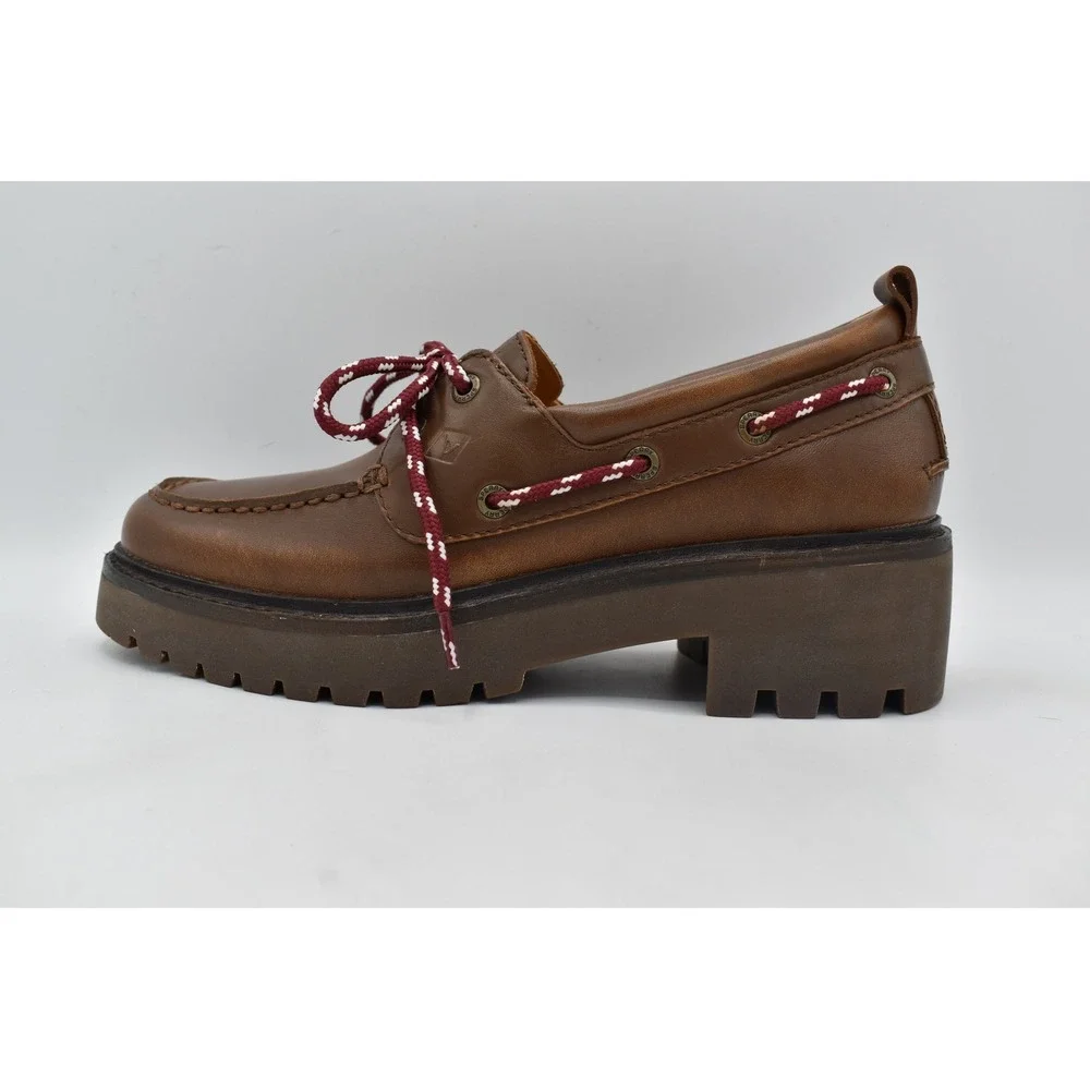 Sperry 2 Eye Women Size 7 Brown Leather Lug Slip On Boat Shoes Coquette Preppy