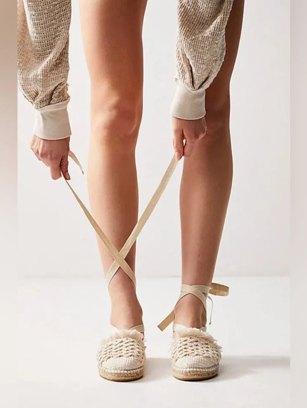 NWT People Vida Ivory Woven Lurex Lace-Up Platform Espadrilles 7 NIB