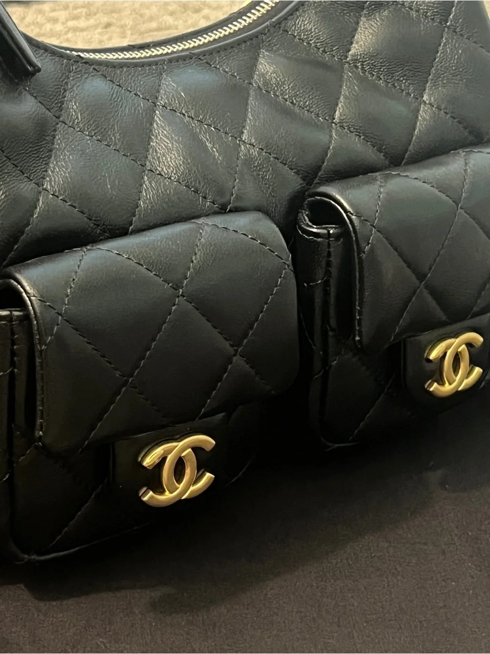 CHANEL Black Quilted Leather Hobo Bag with Gold Chain