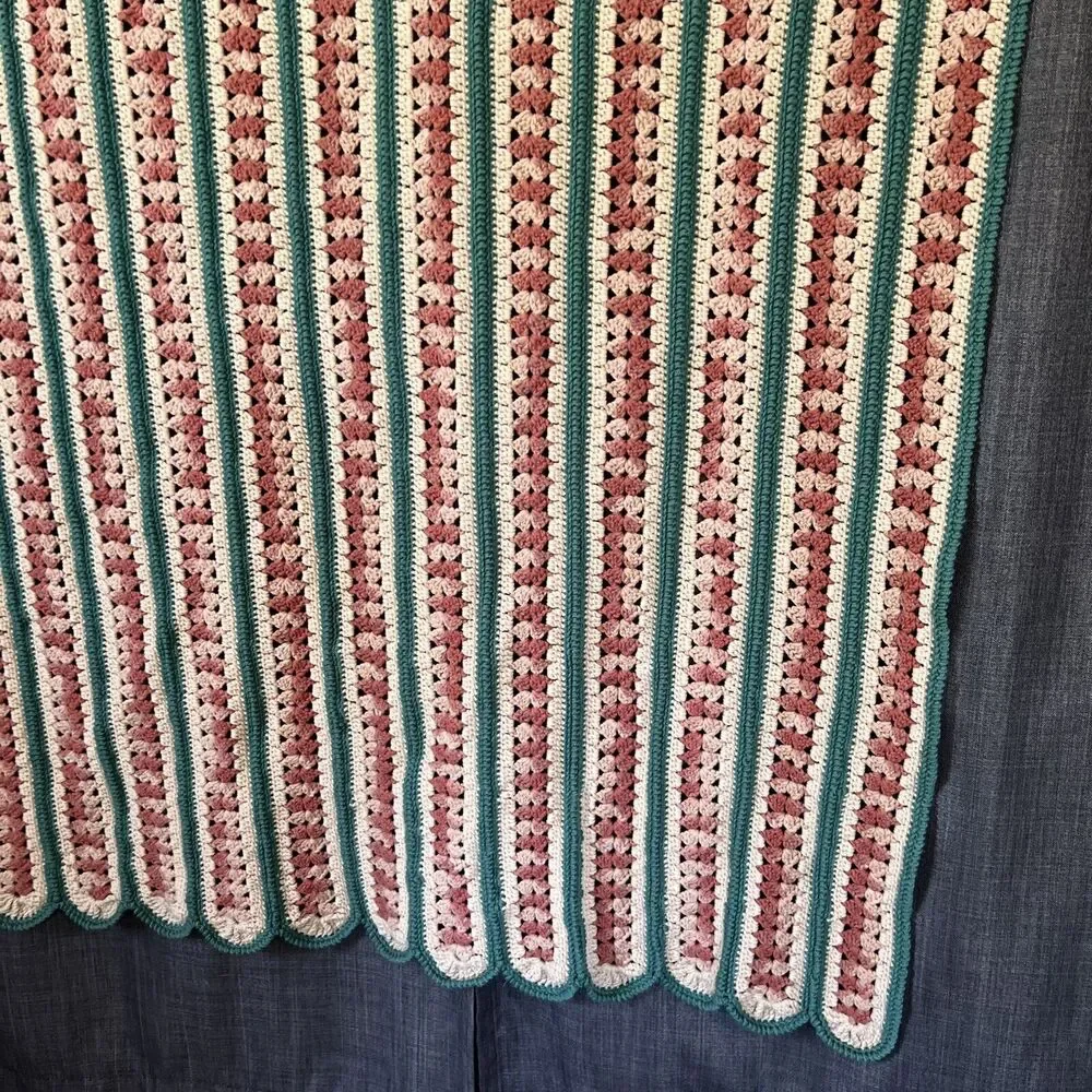 Vintage Handmade Crochet Afghan Scalloped Edge Striped Blanket