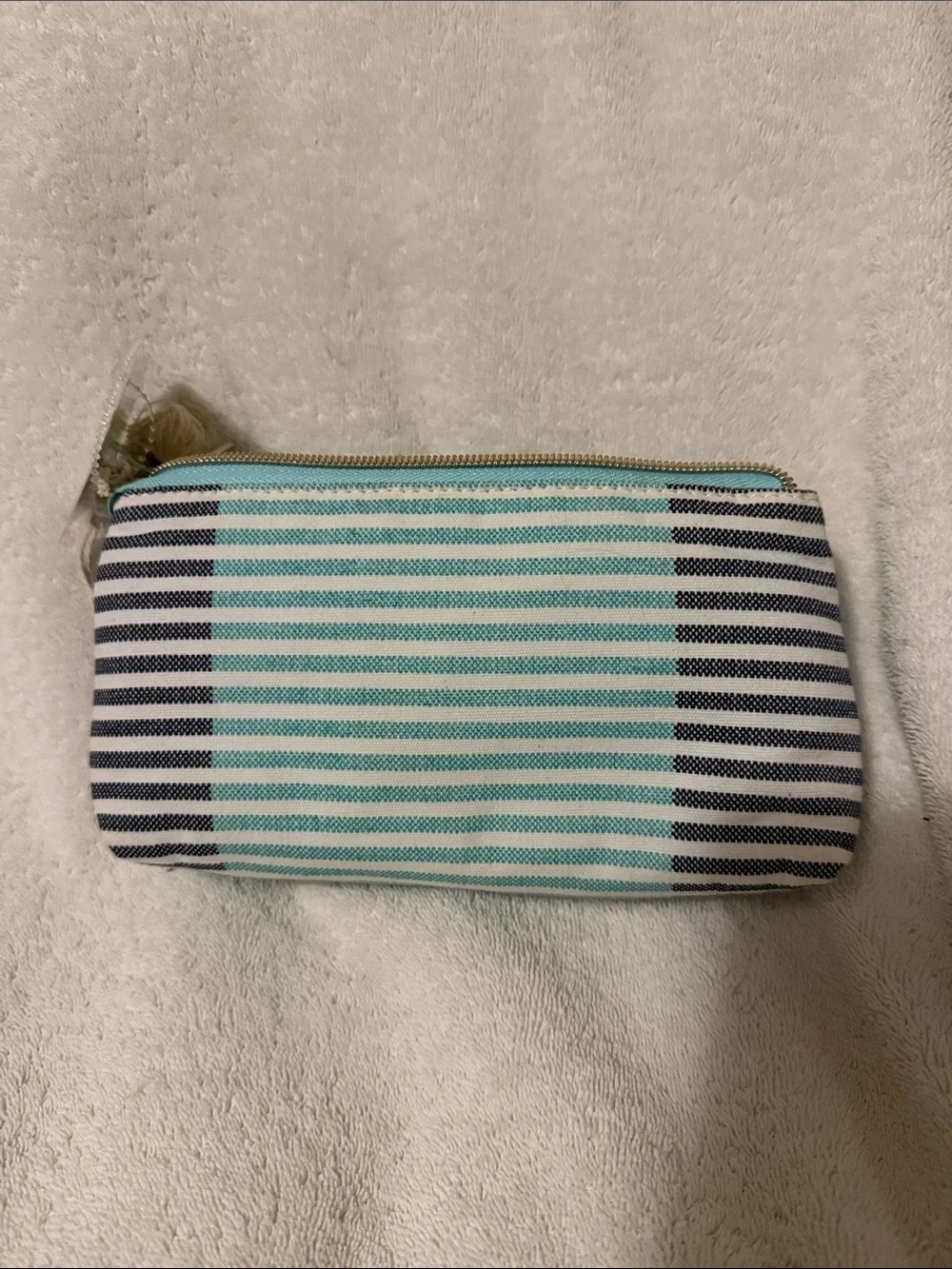 Striped Zip Cosmetic Pouch in Mint & Navy by UNKNOWN