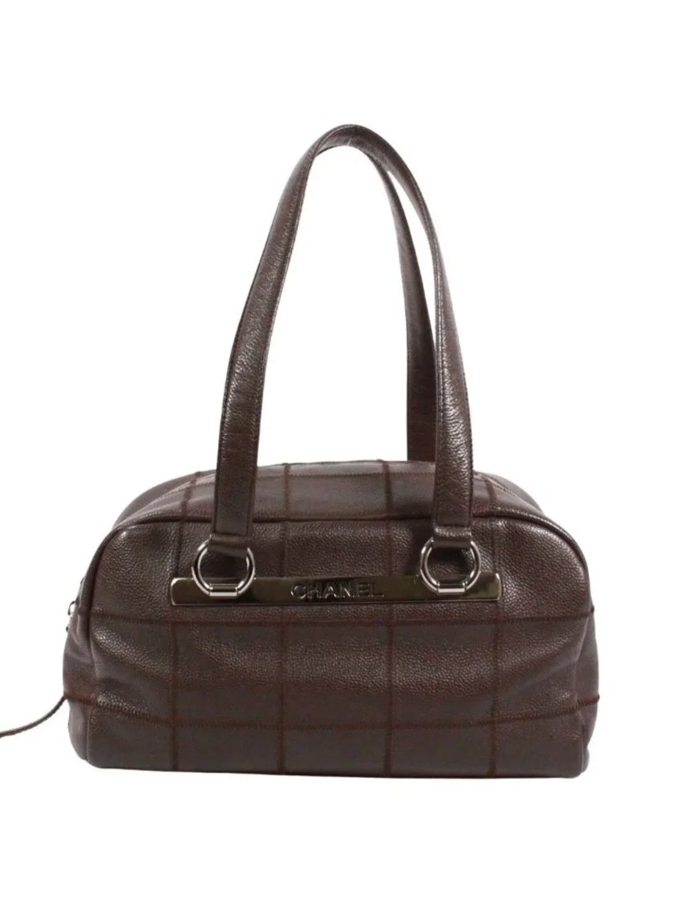 Chanel Choco Bar Mini Caviar Leather Dark Brown Boston Bag Silver
