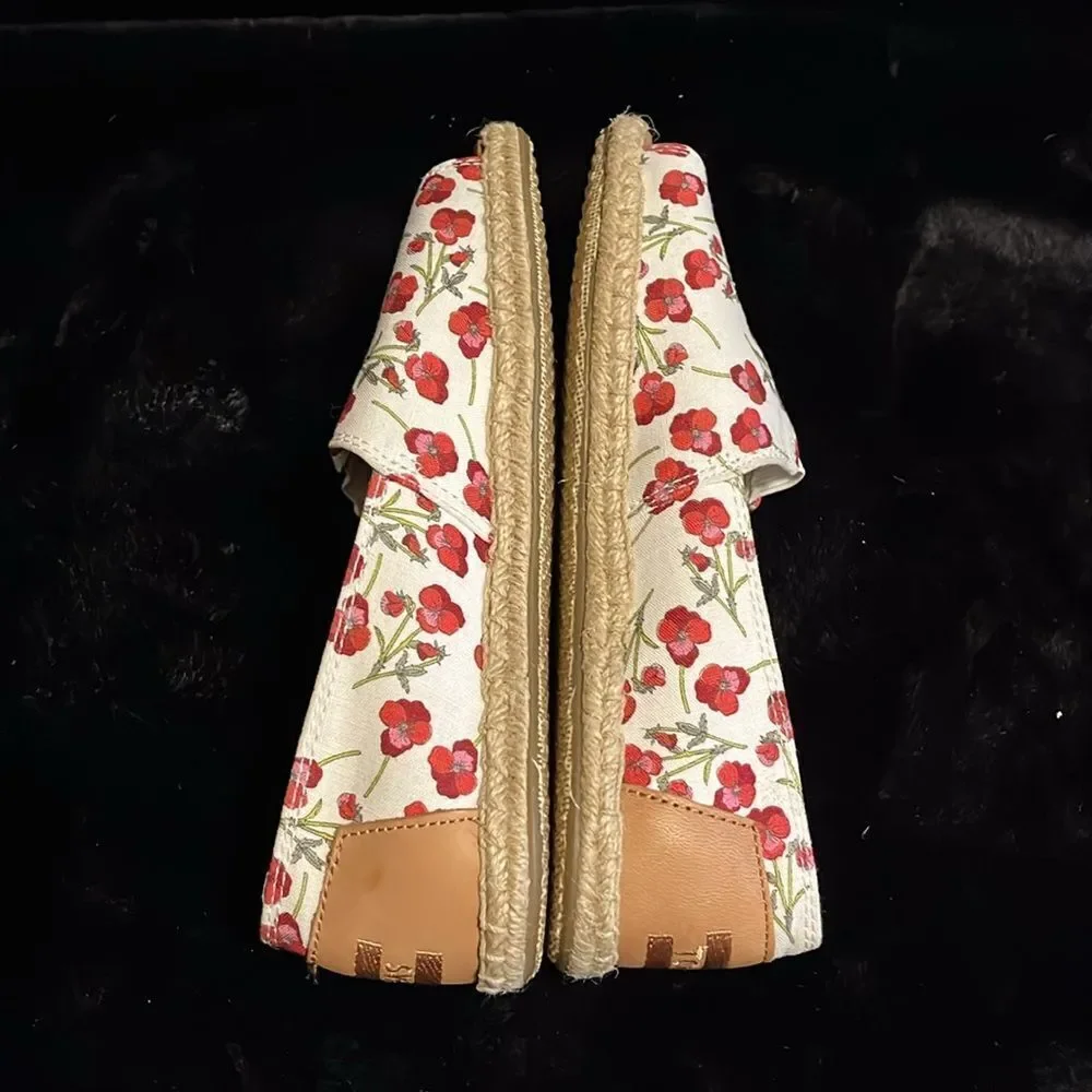 TOMS Women's Floral Espadrille Shoes - Red and Cream
