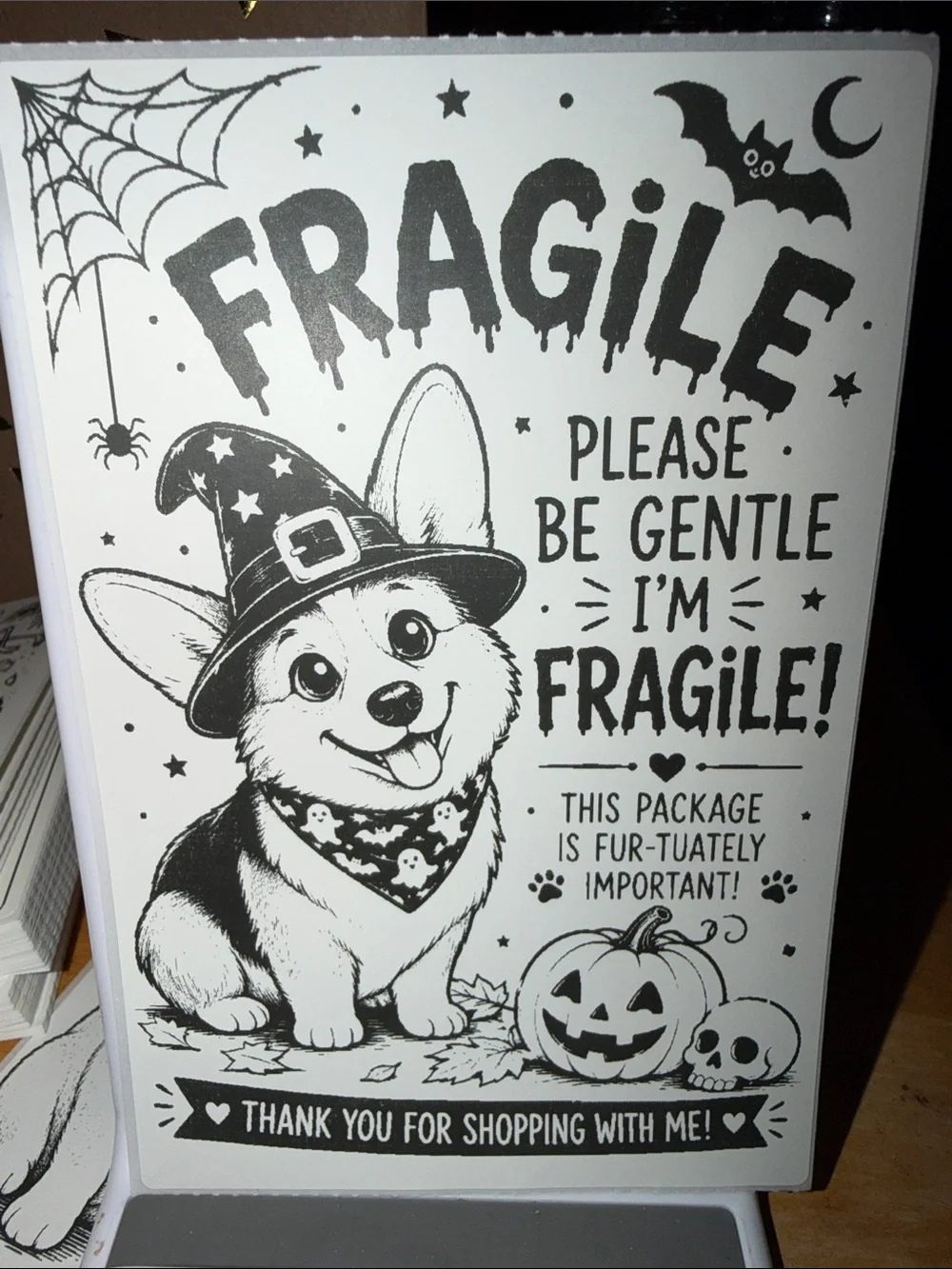 Halloween Corgi Fragile Shipping Sticker 50 count 4x6
