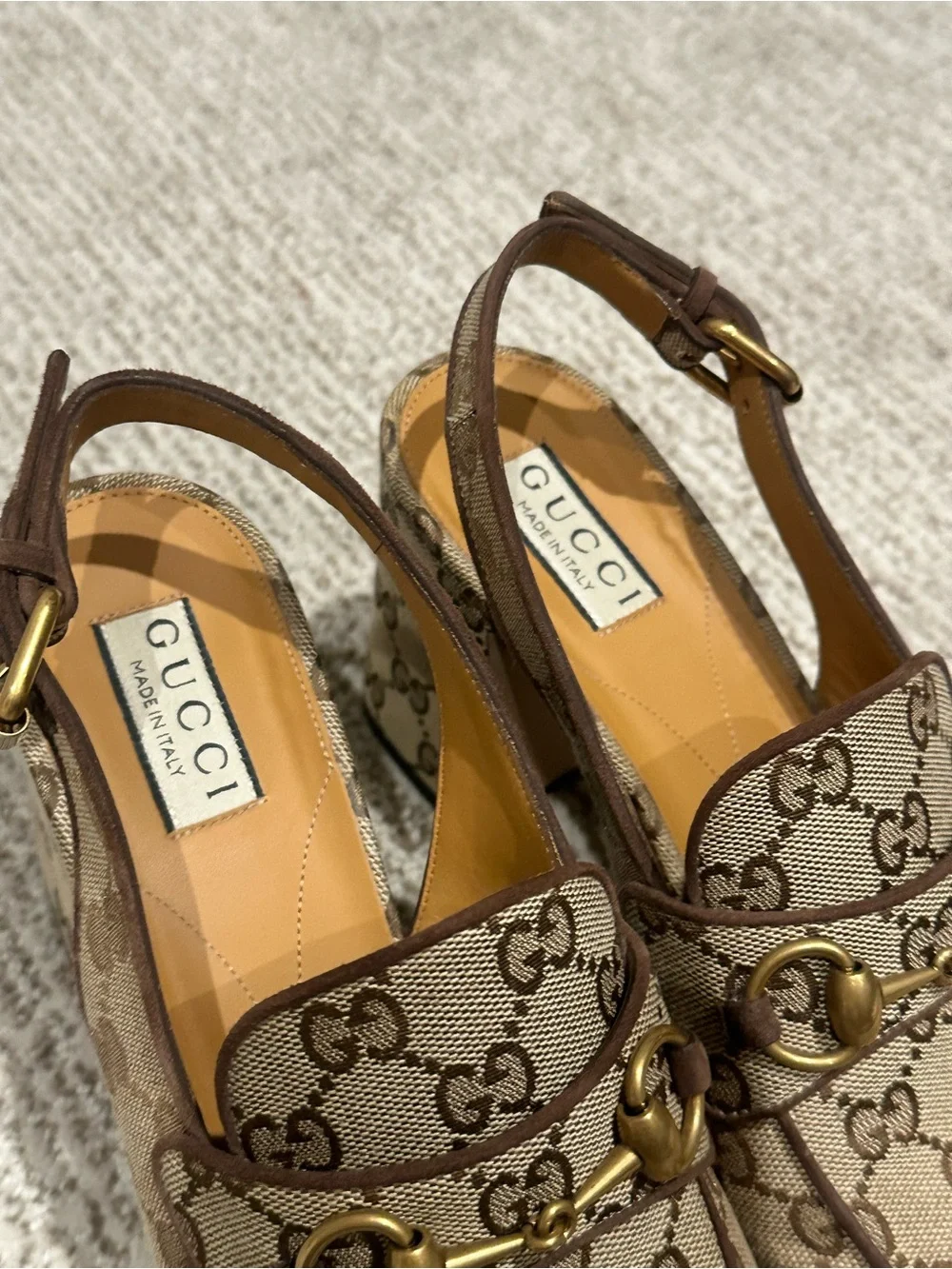 Gucci Brown GG Canvas Horsebit Slingback Platform Heels