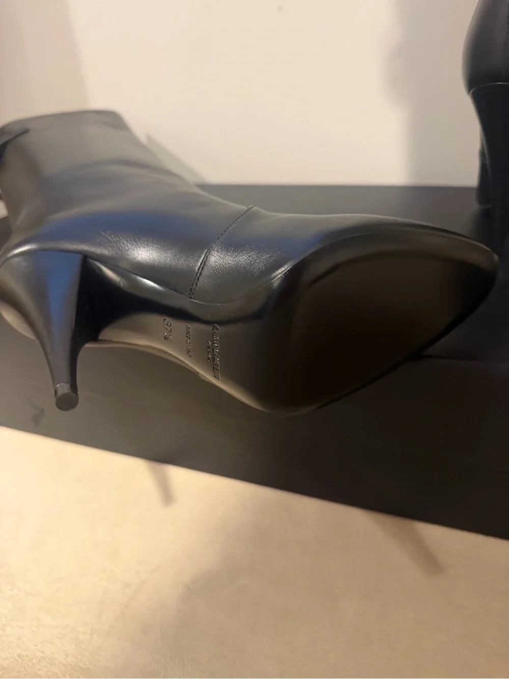 Saint Laurent Black Leather Over-the-Knee Stiletto Boots with Buckle 37.5