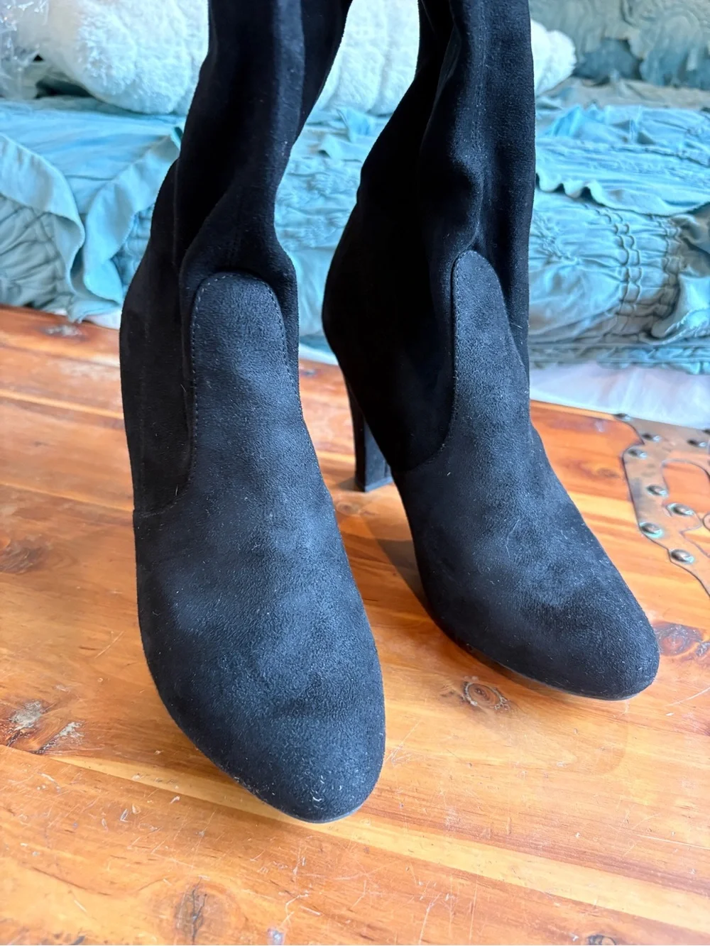 Black Over-the-Knee High Heel Suede-Look Boots