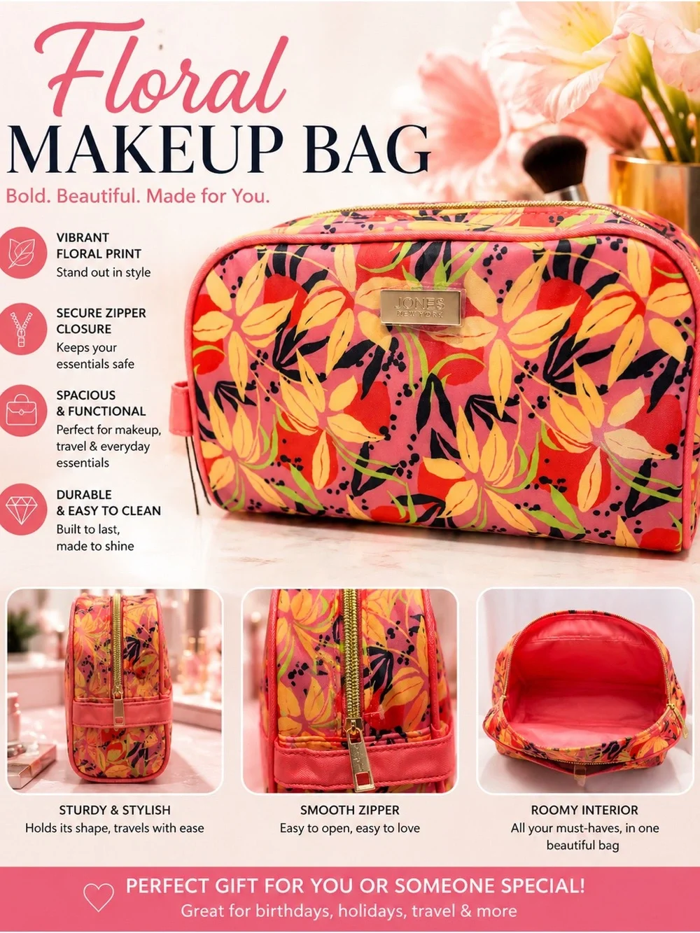 Jones New York Vibrant Pink Floral Cosmetic Bag