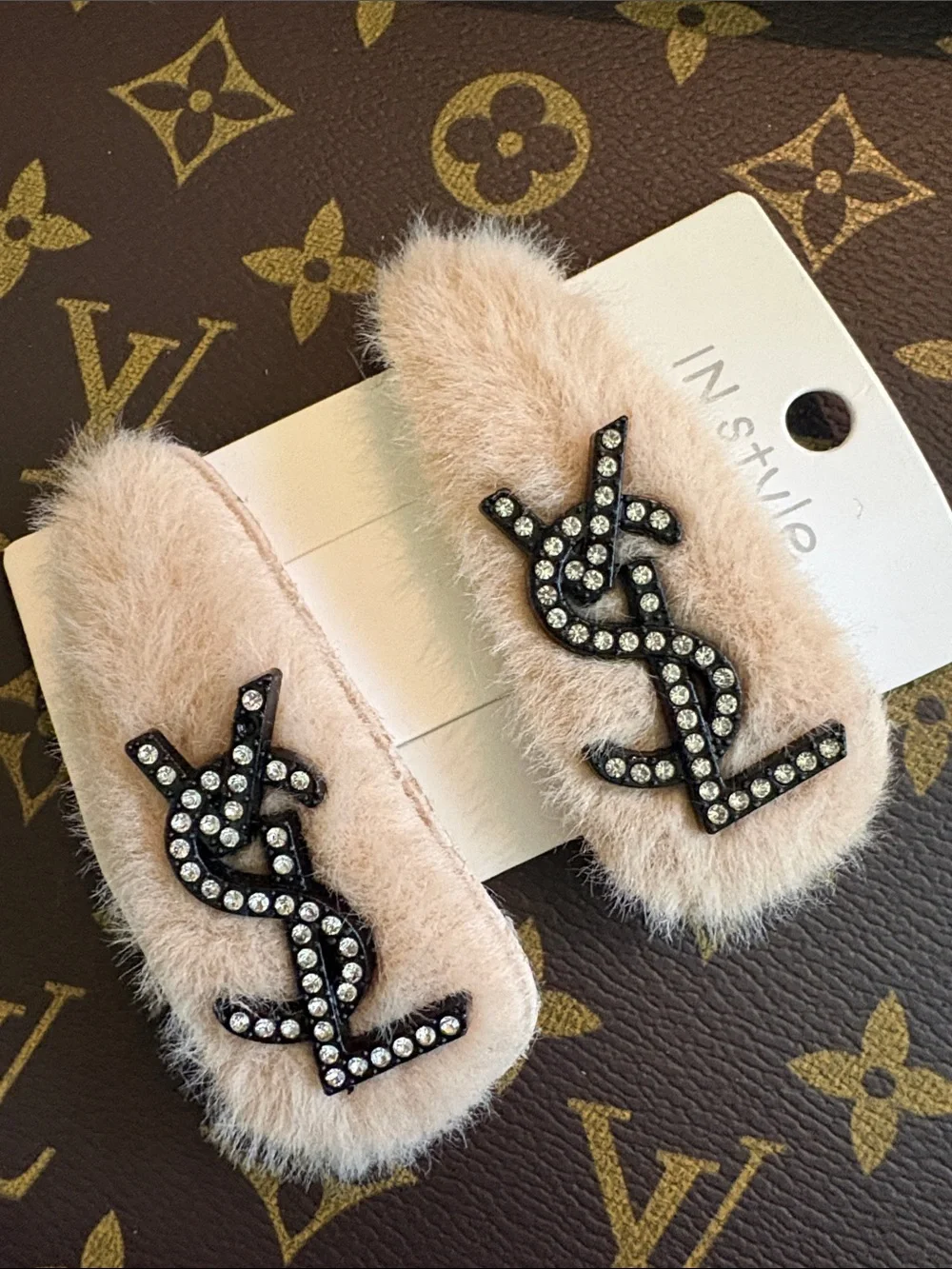 Beige Faux Fur Hair Clips with Monogram Accent