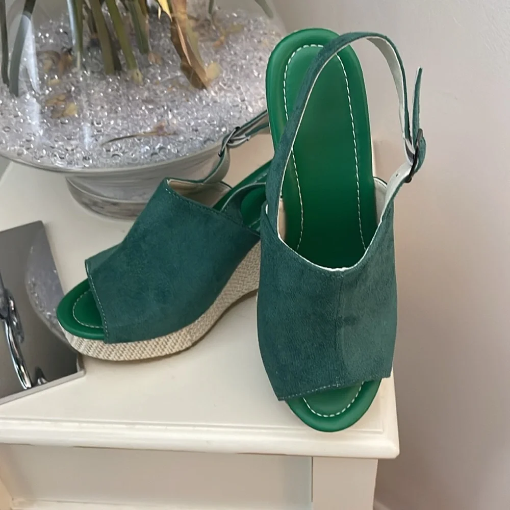 Green Suede Peep-Toe Wedge Slingbacks
