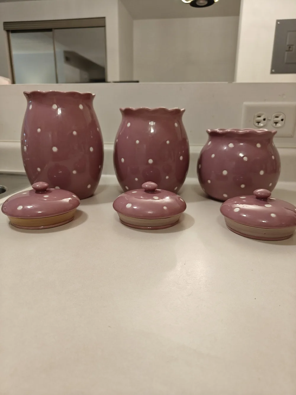 Temp-Tations Purple&White Polka Dot Ceramic Canister Set - 3 Piece With Lids