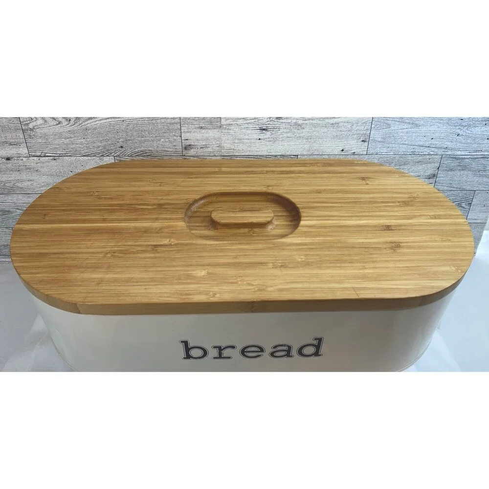 SveBake Bread Box Metal With Bamboo Top Cutting Board Lid