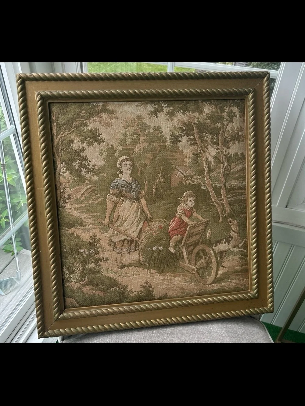 Large Vintage Framed Tapestry Cottage Victorian English Country