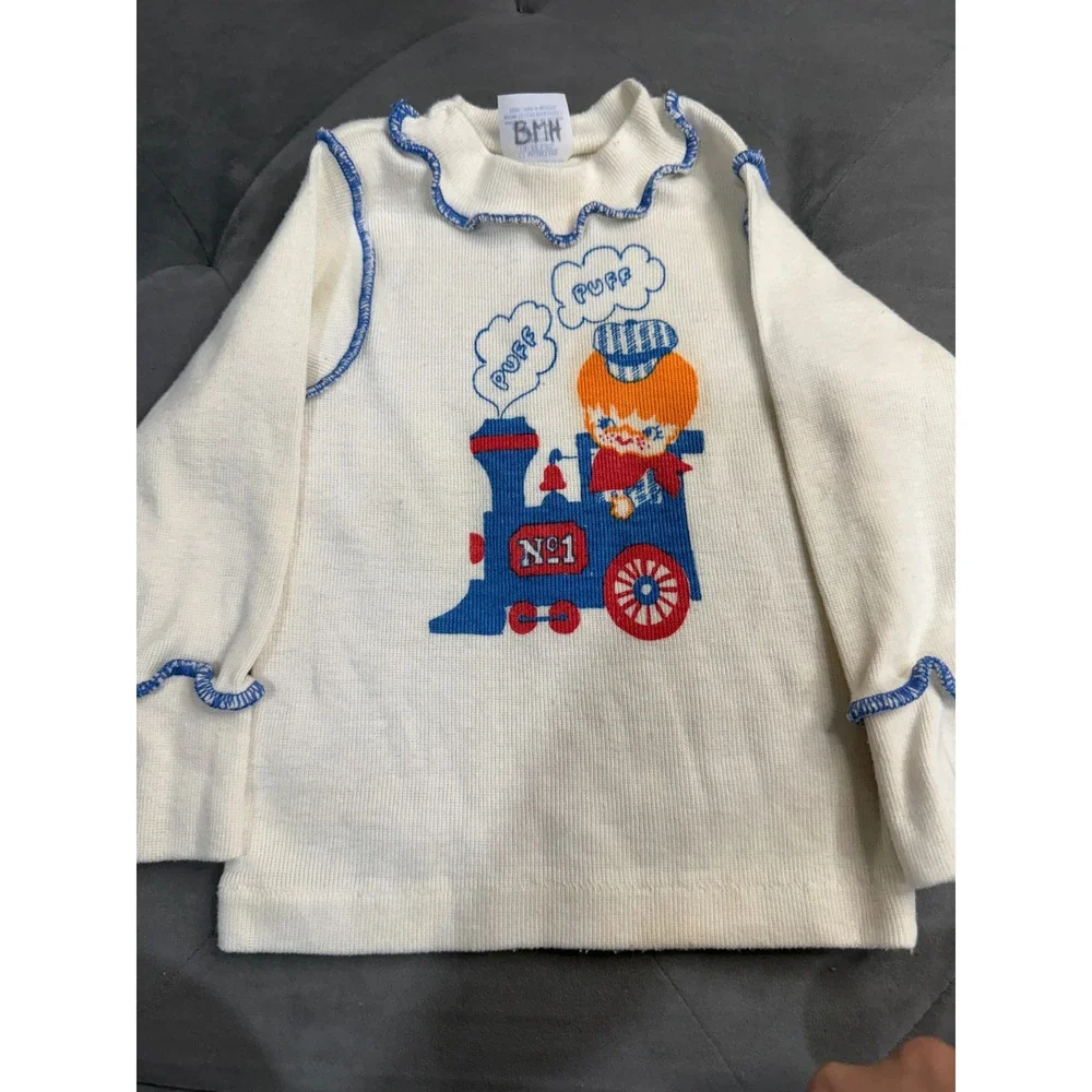 Vintage‎ Carters Baby Train Sweater Cream Blue Lettuce Edge Ruffle 12 Months