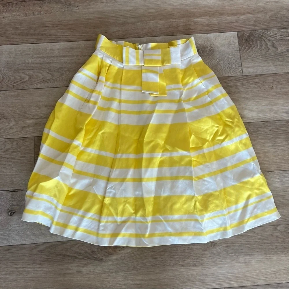 Kate Spade Easton Stripe Yellow White Bow Front Skirt Full A-line Silk Cotton