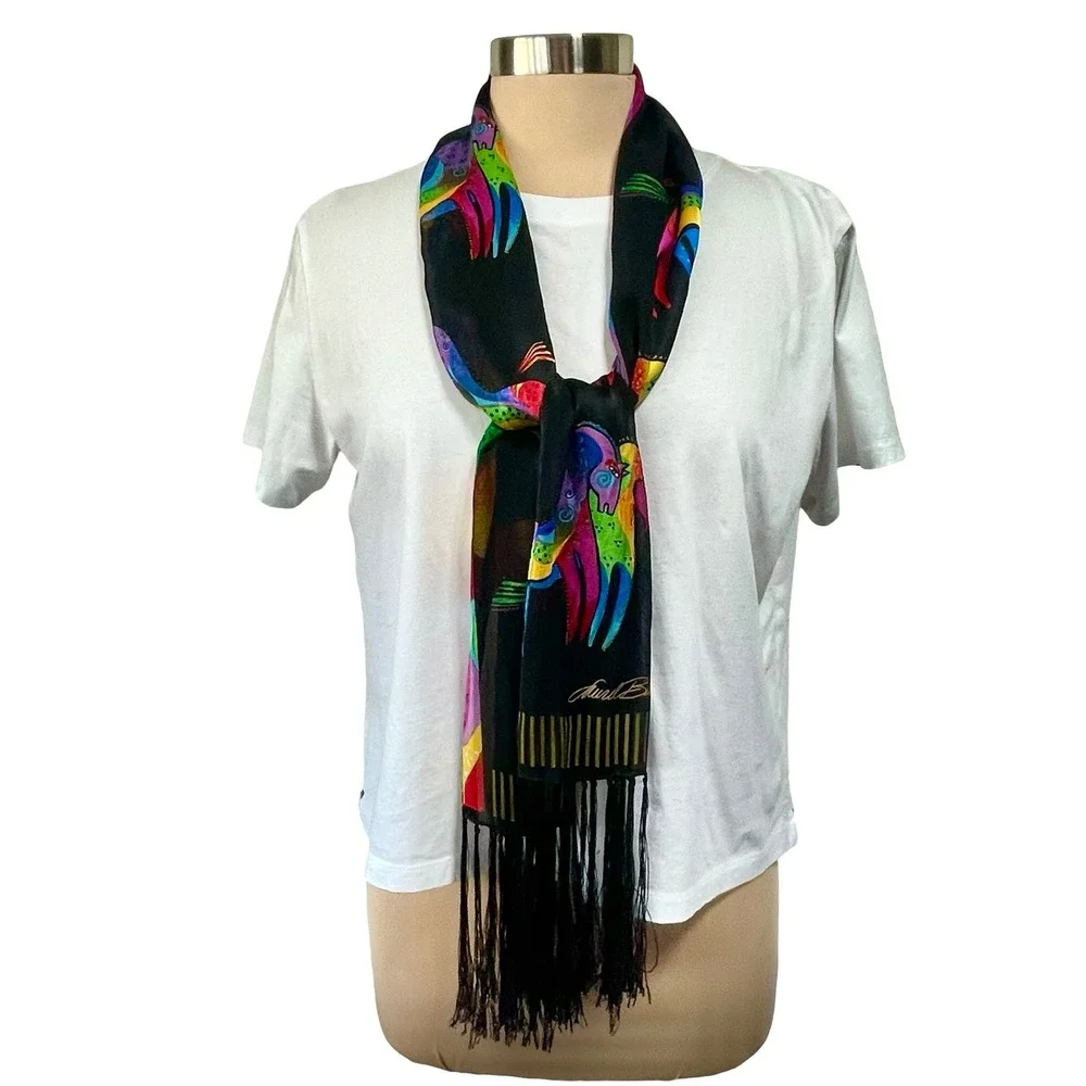 Laurel Burch Silk Scarf Black Multicolored Horse Print Fringe 52