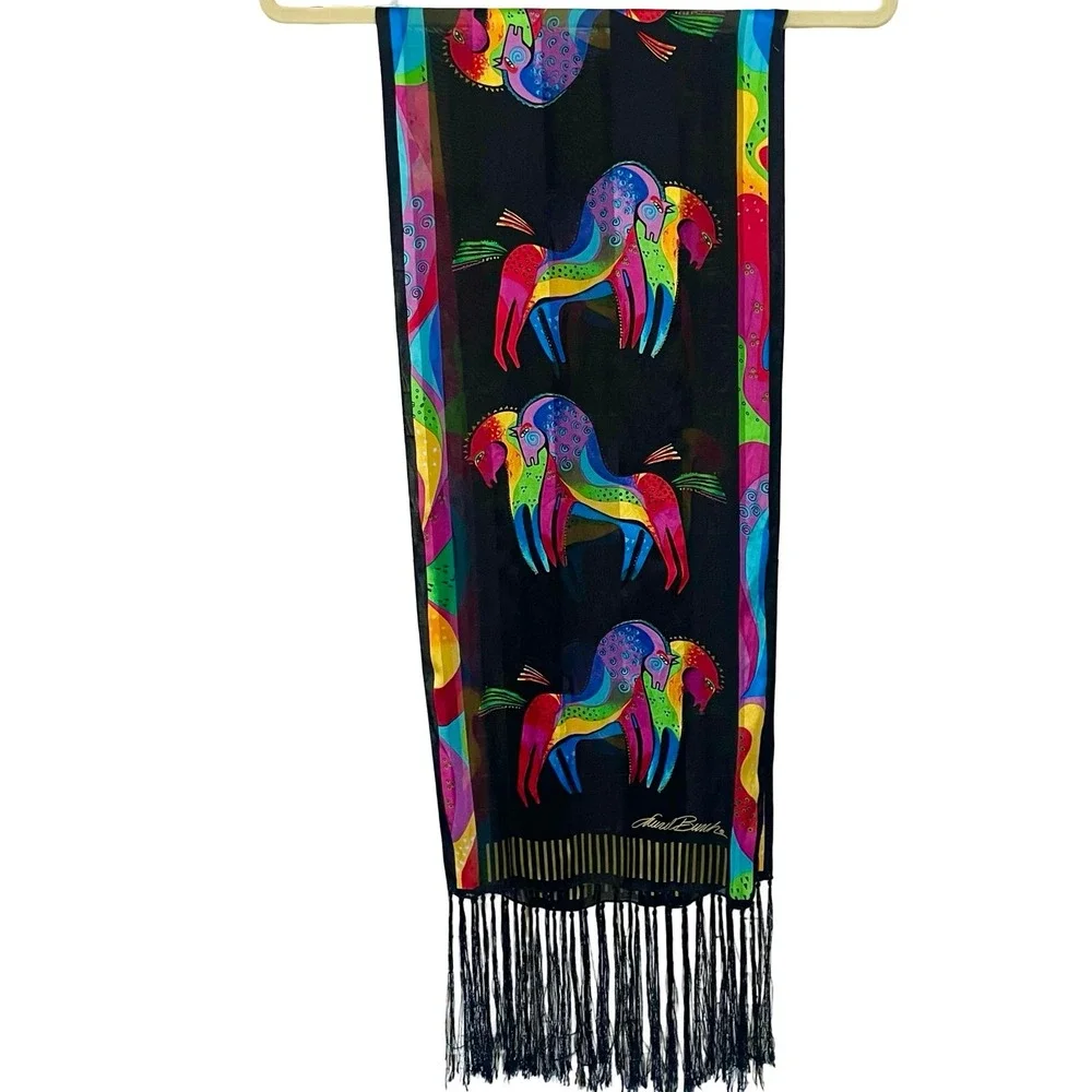Laurel Burch Silk Scarf Black Multicolored Horse Print Fringe 52