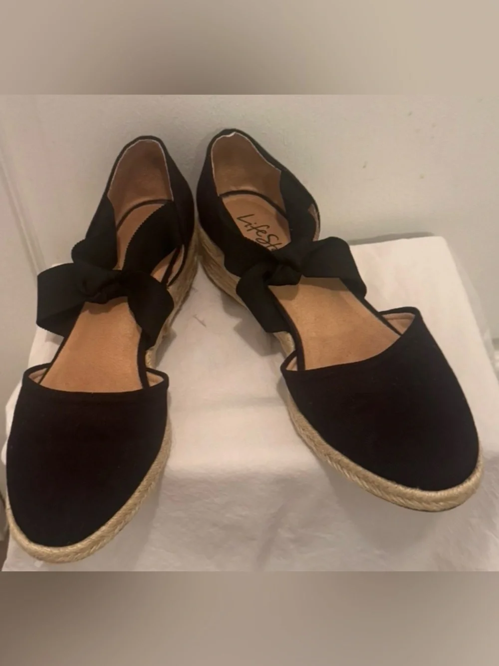 Life Stride Black Espadrille Wedges with Ankle Tie-9W