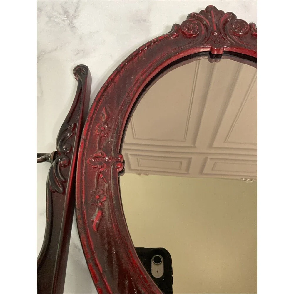 Victorian Ornate Oval Swivel Standing Mirror Vanity Display. 14”H x 13.25”L