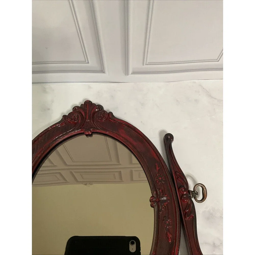 Victorian Ornate Oval Swivel Standing Mirror Vanity Display. 14”H x 13.25”L