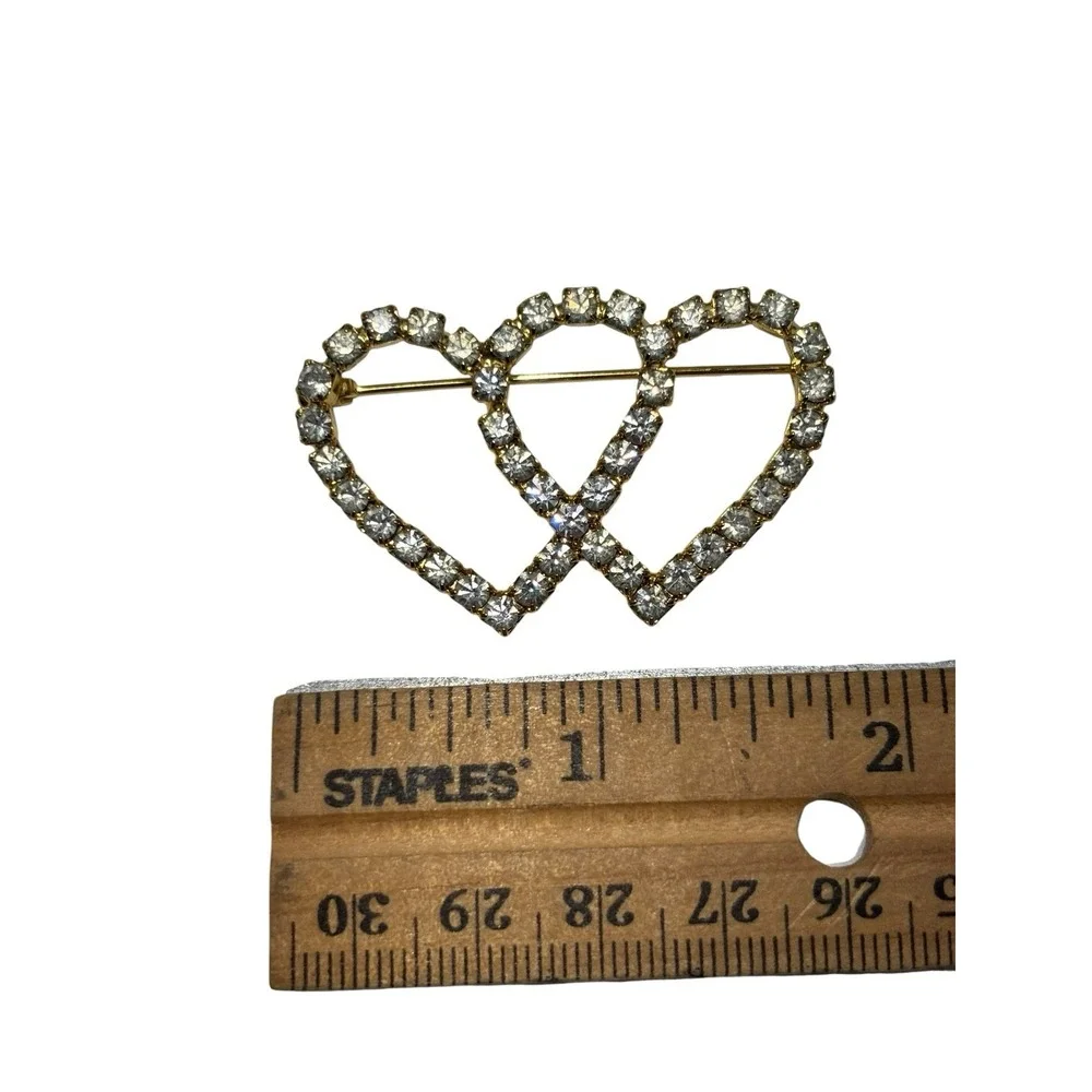 Vintage Gold Tone Elegant Rhinestone Double Interlocking Love Hearts Brooch Pin