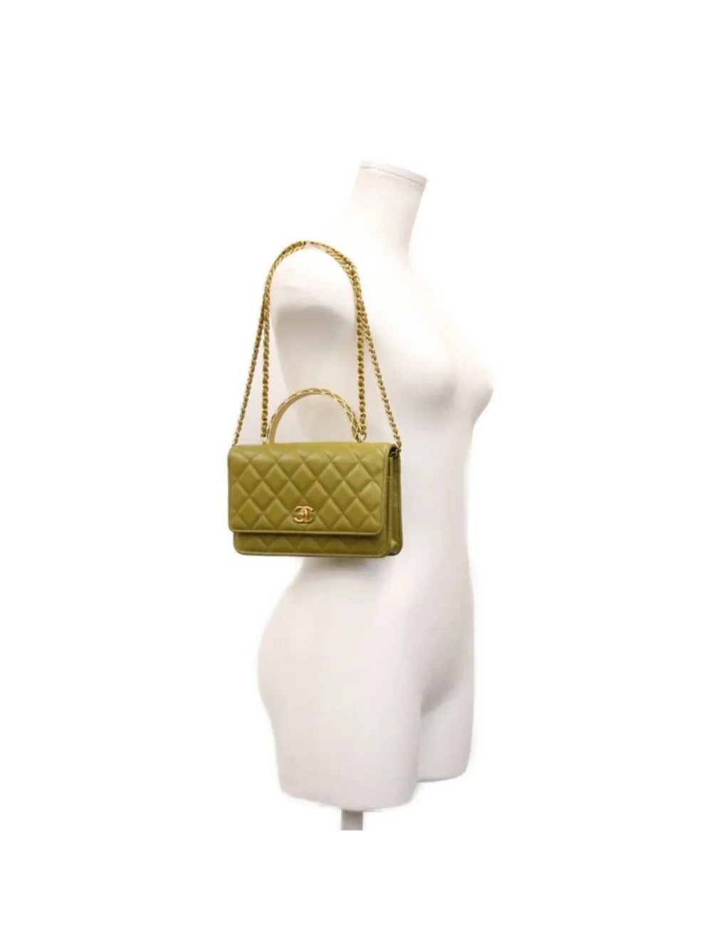 Chanel Khaki Lambskin Quilted Top Handle 2-Way Chain Back Handbag