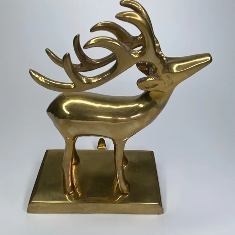 Pair of Brass Mantel‎ Holder Hangers Reindeer Christmas Holiday Stocking