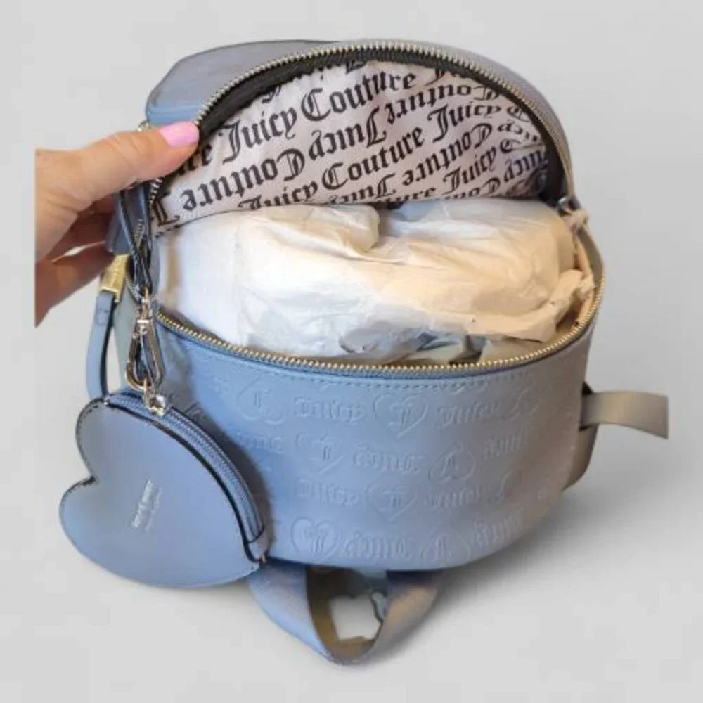 NEW Juicy Couture Wordplay Slate‎ Blue Faux Leather Backpack NWT