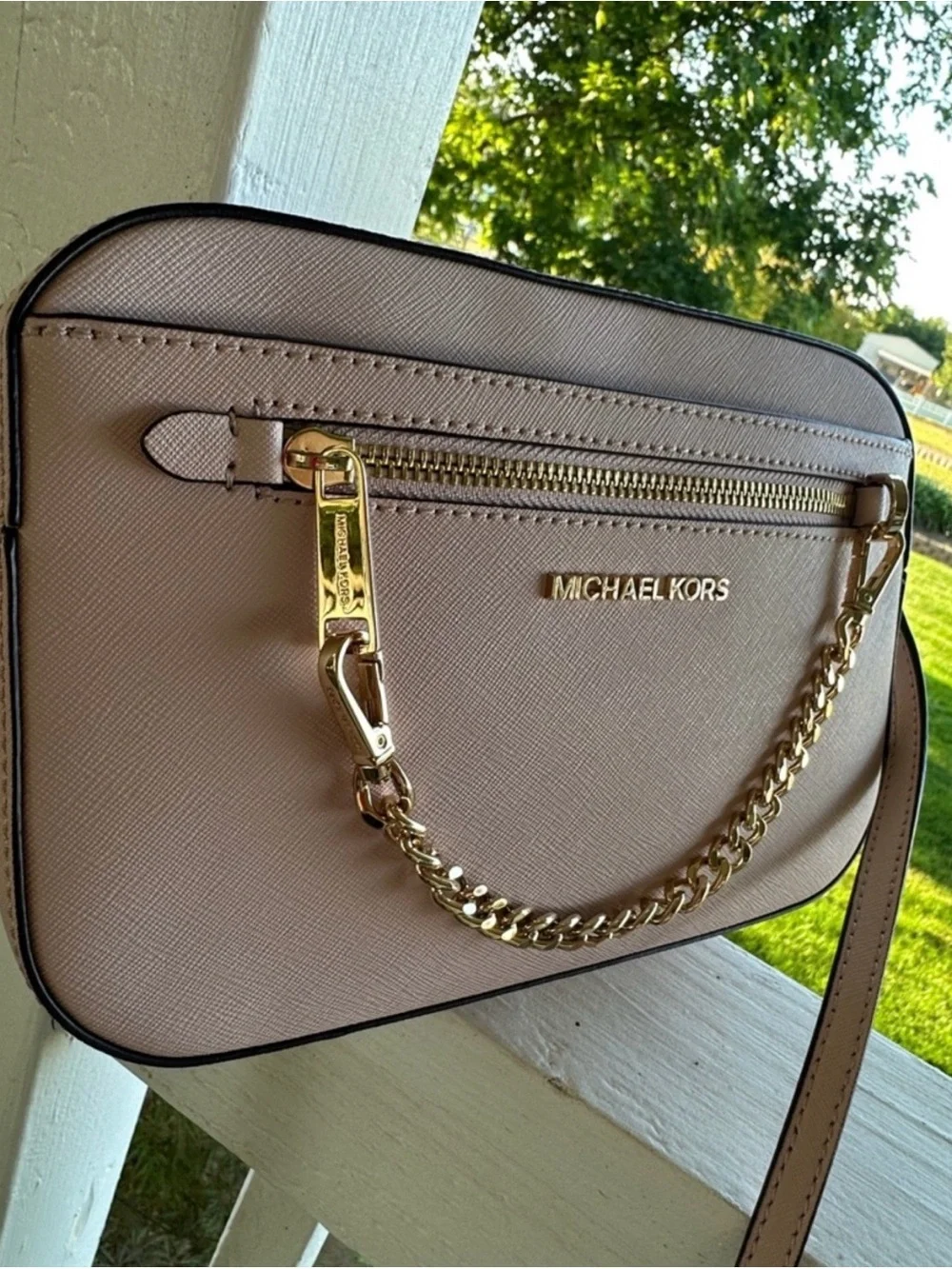 Michael Kors Blush Pink Leather Crossbody with Gold Chain Detail