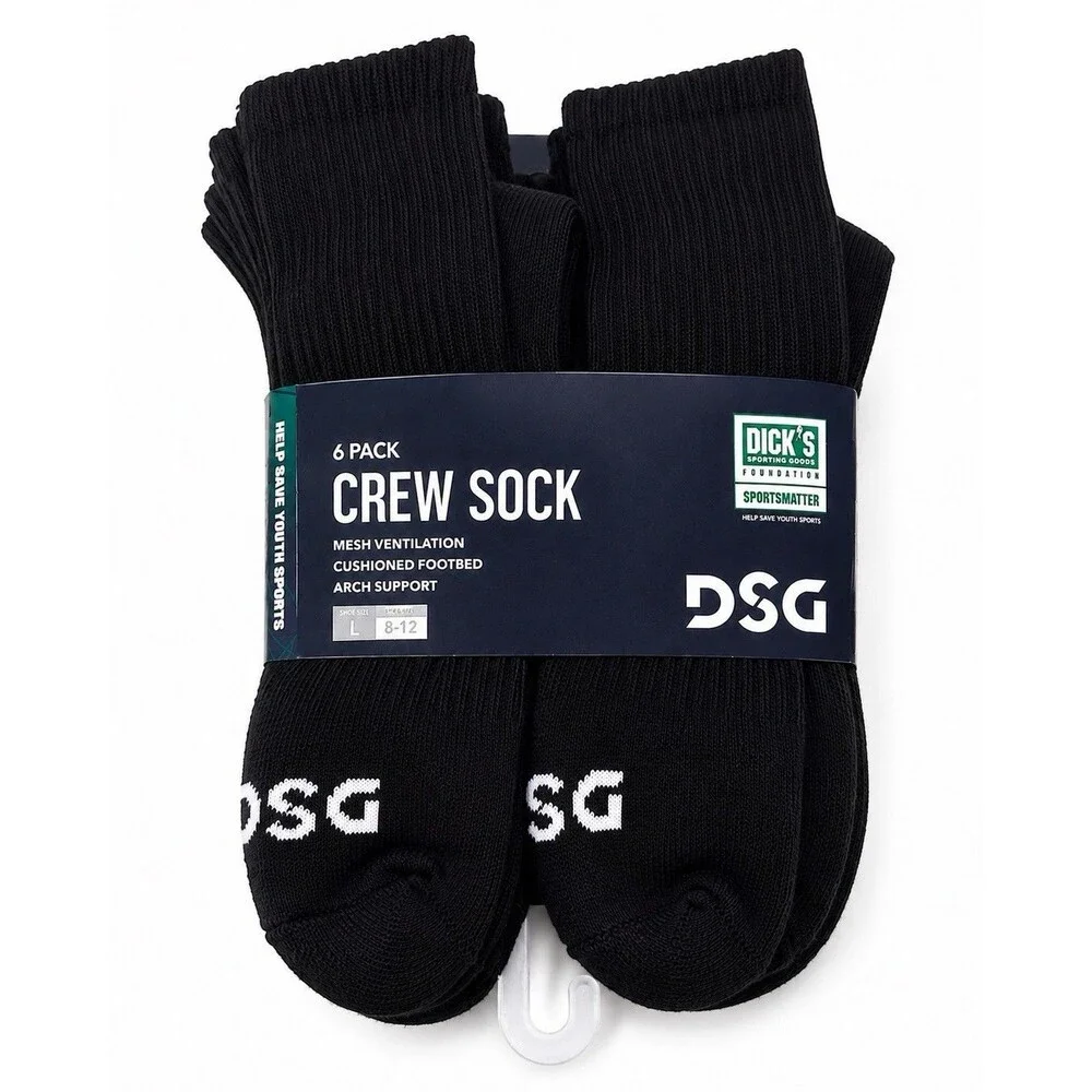 DSG QTR CREW Sock Men Unisex Socks 6 Pairs Pack Men's Shoe Size L 8-10 Black New