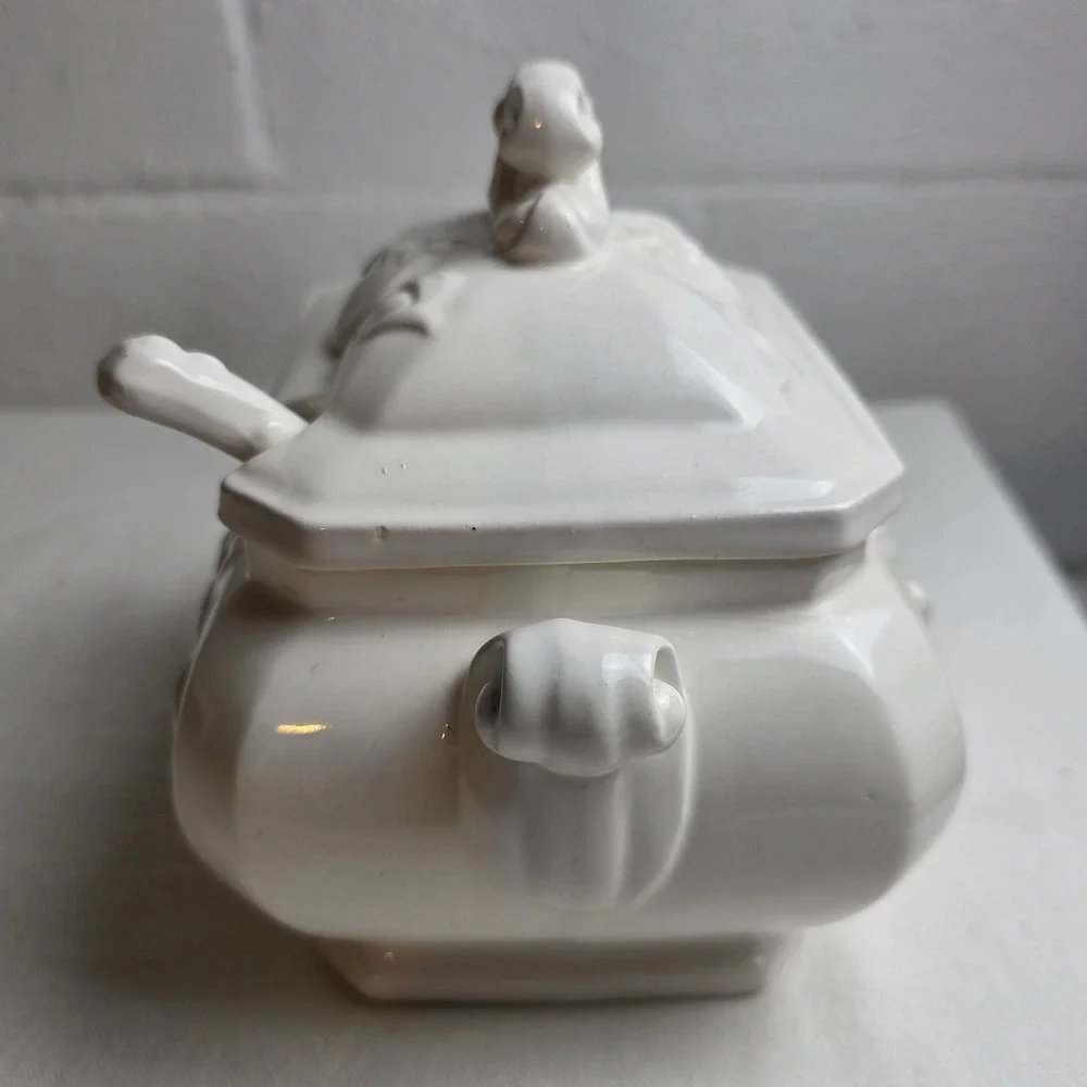 Vintage 50s Himark White Ceramic Fruit Embossed Tureen Lid Ladle Farmhouse Decor