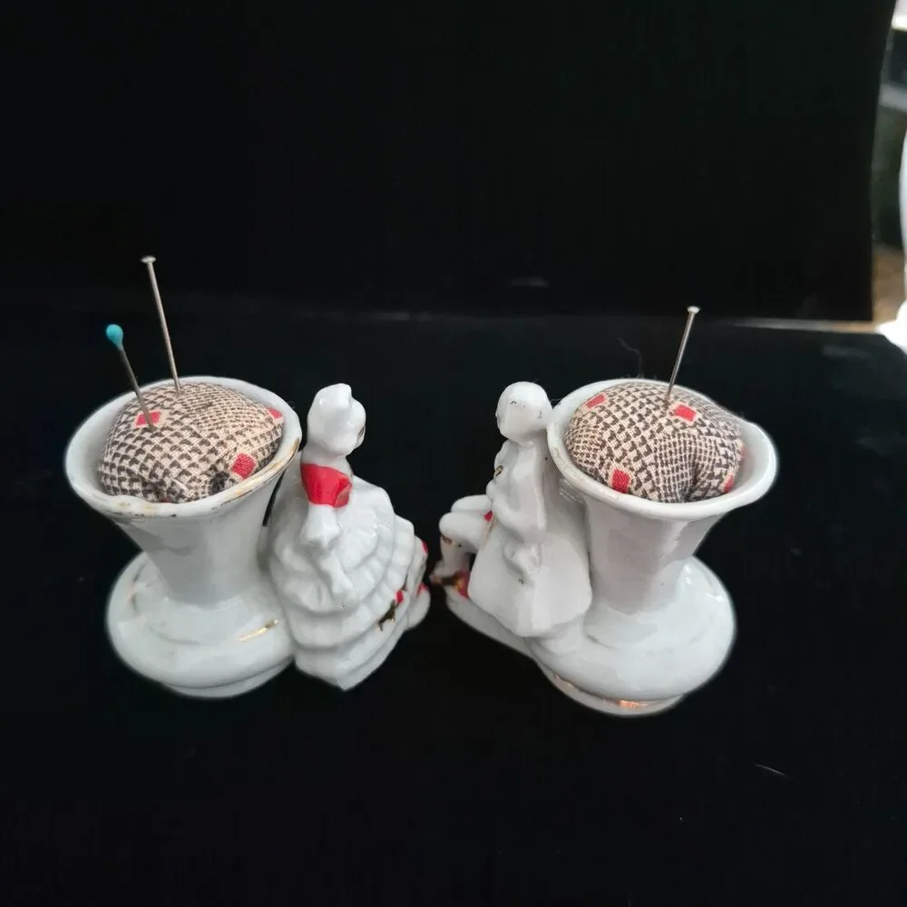 Vtg Set of 2 Porcelain Toothpick Holders Elegant Lady and Man Japan Pin Cushions