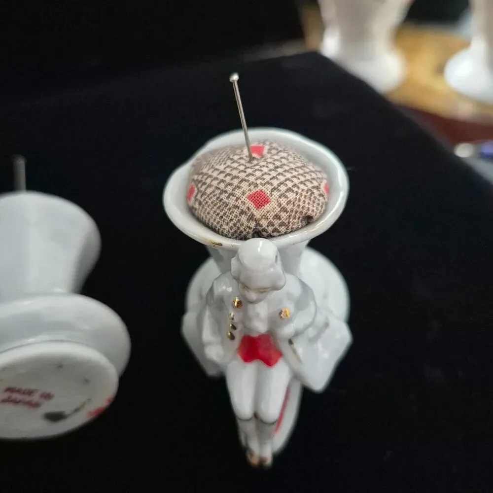 Vtg Set of 2 Porcelain Toothpick Holders Elegant Lady and Man Japan Pin Cushions