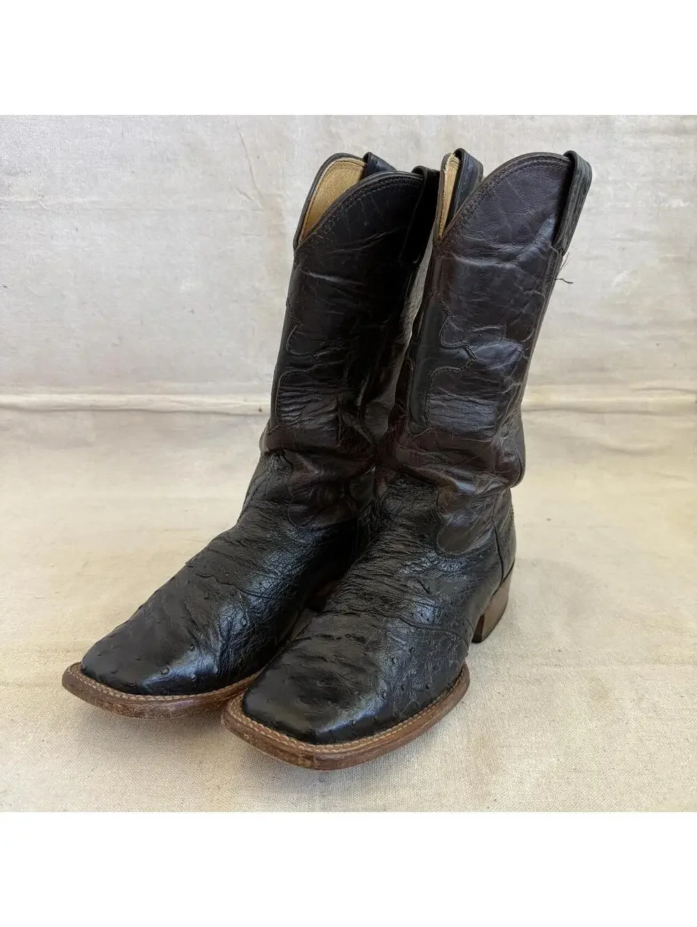 Larry Mahan Cowboy Black Ostrich Leather Square Toe with Brown Shaft Men Size 7