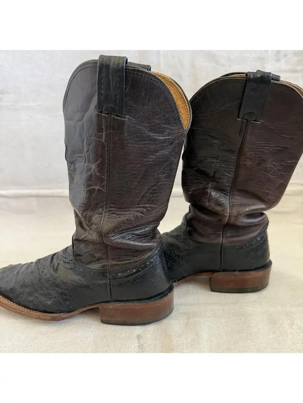 Larry Mahan Cowboy Black Ostrich Leather Square Toe with Brown Shaft Men Size 7