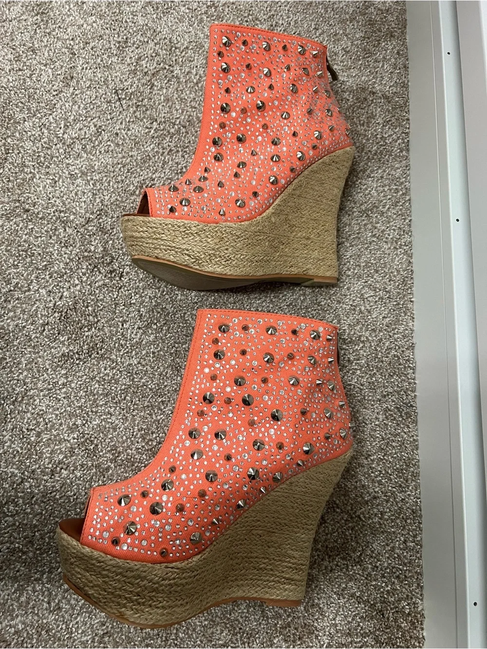 Orange Studded Peep-Toe Wedge Booties