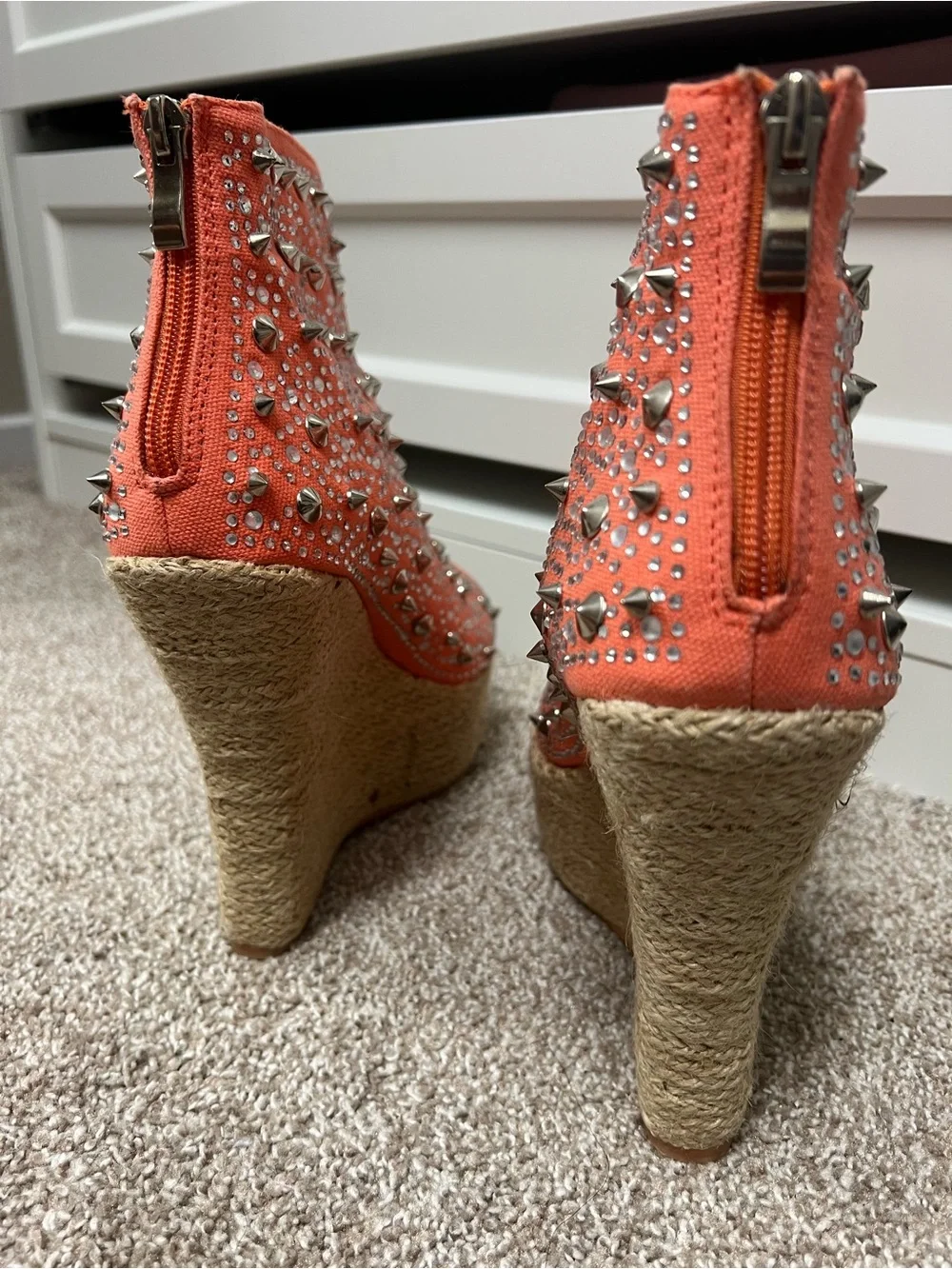 Orange Studded Peep-Toe Wedge Booties