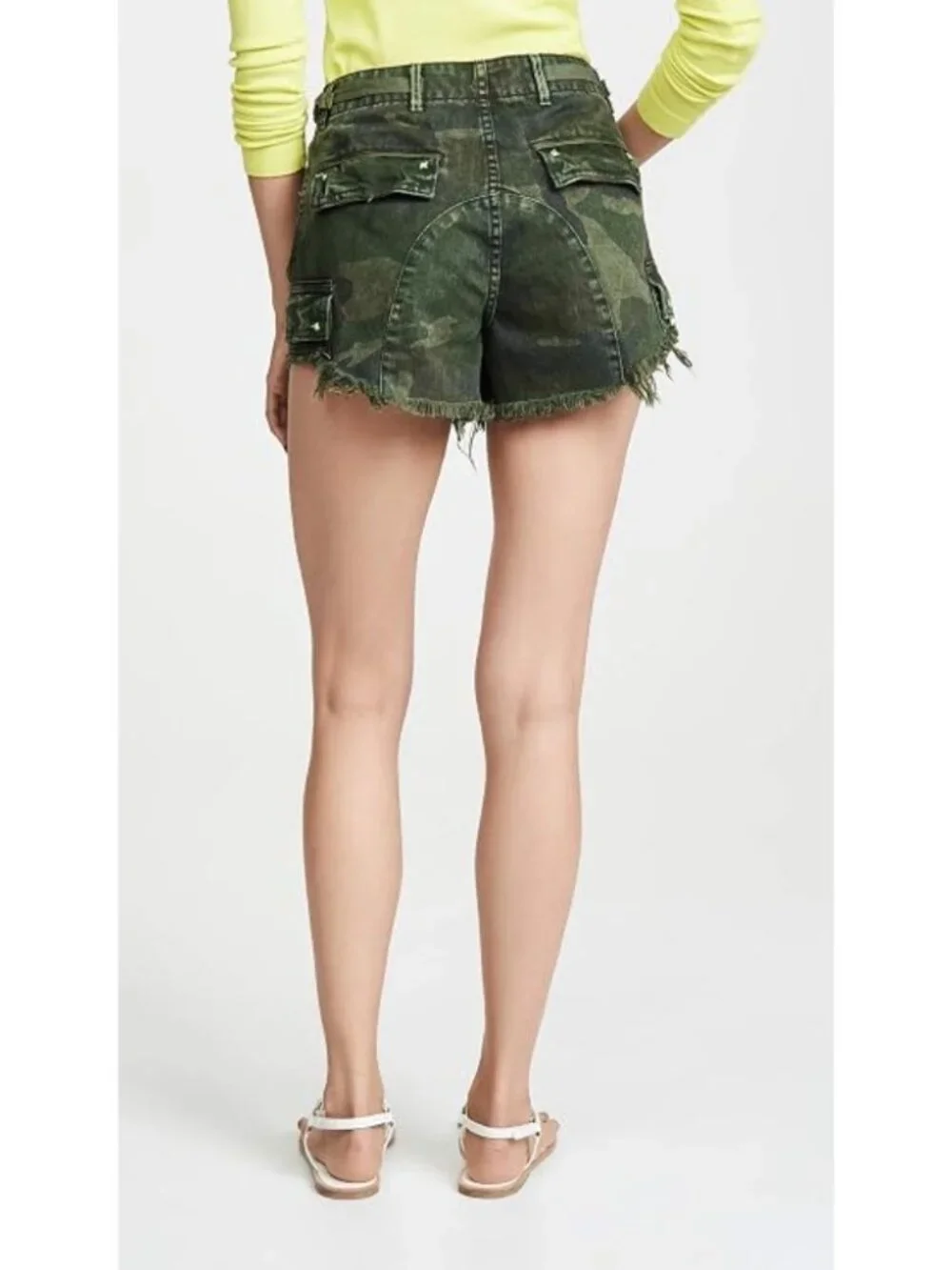 Free People Commander Cut Off Shorts Green Camo High Rise Utility Womens Size 4