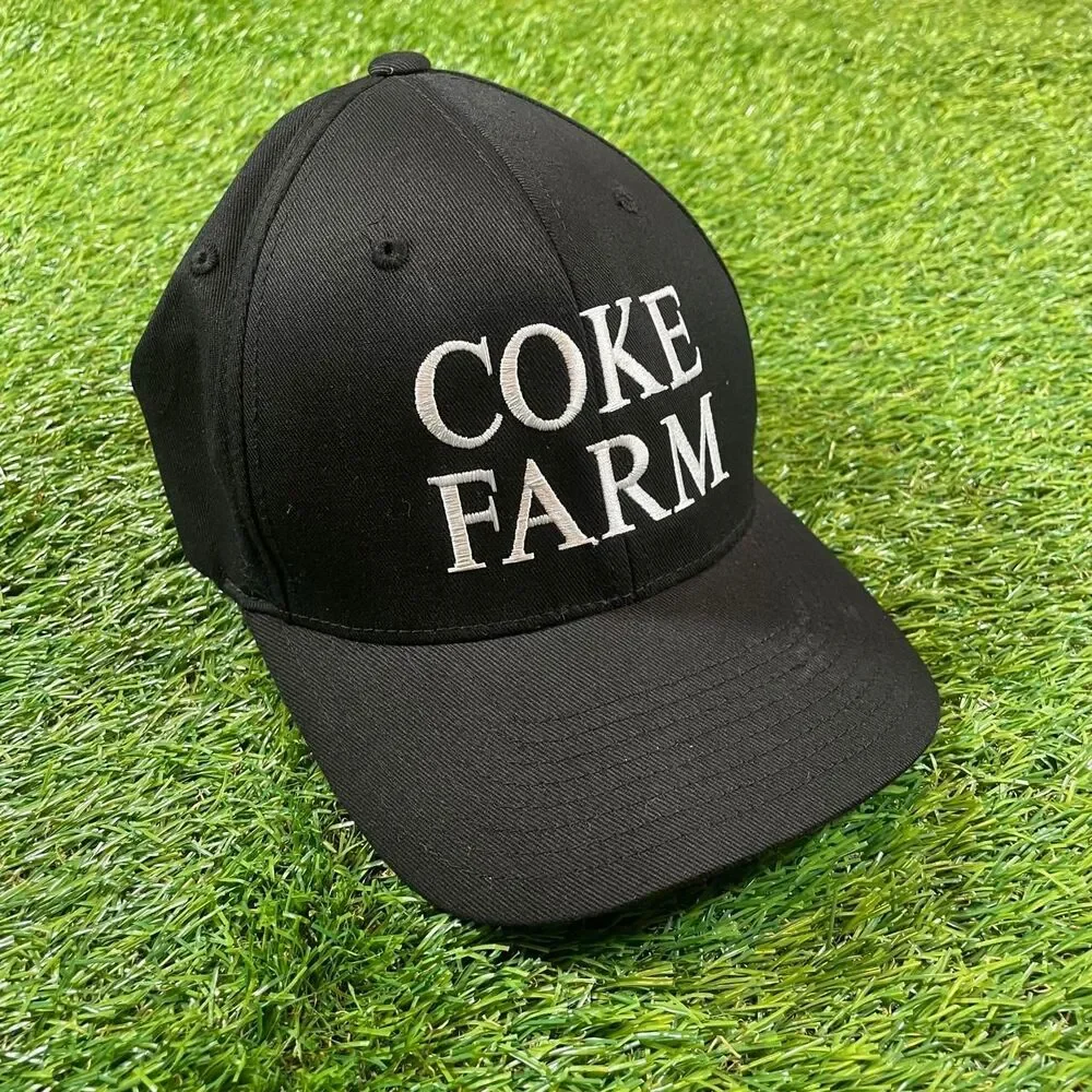 Coke Farm black baseball cap with white embroidered funny text