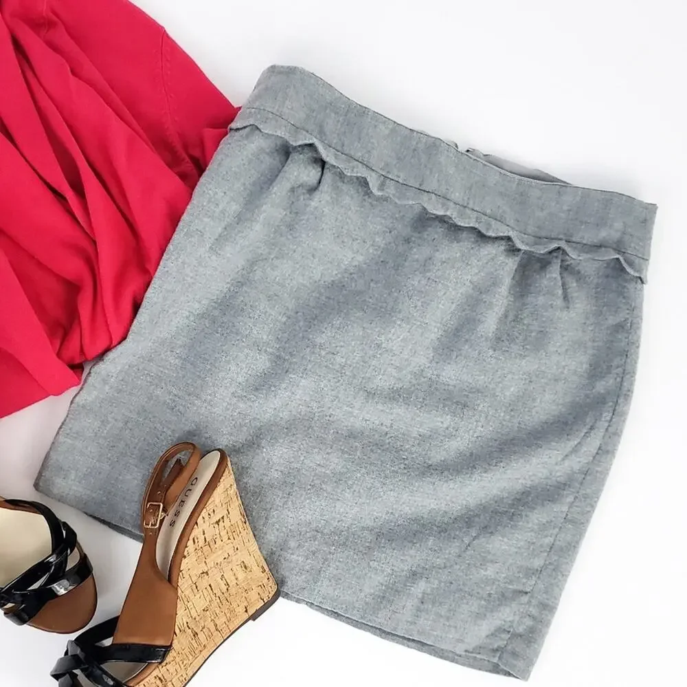 J. Crew Scallop Trim Mini Skirt Gray Wool Sz 4, Neutral Twee Preppy Skirt