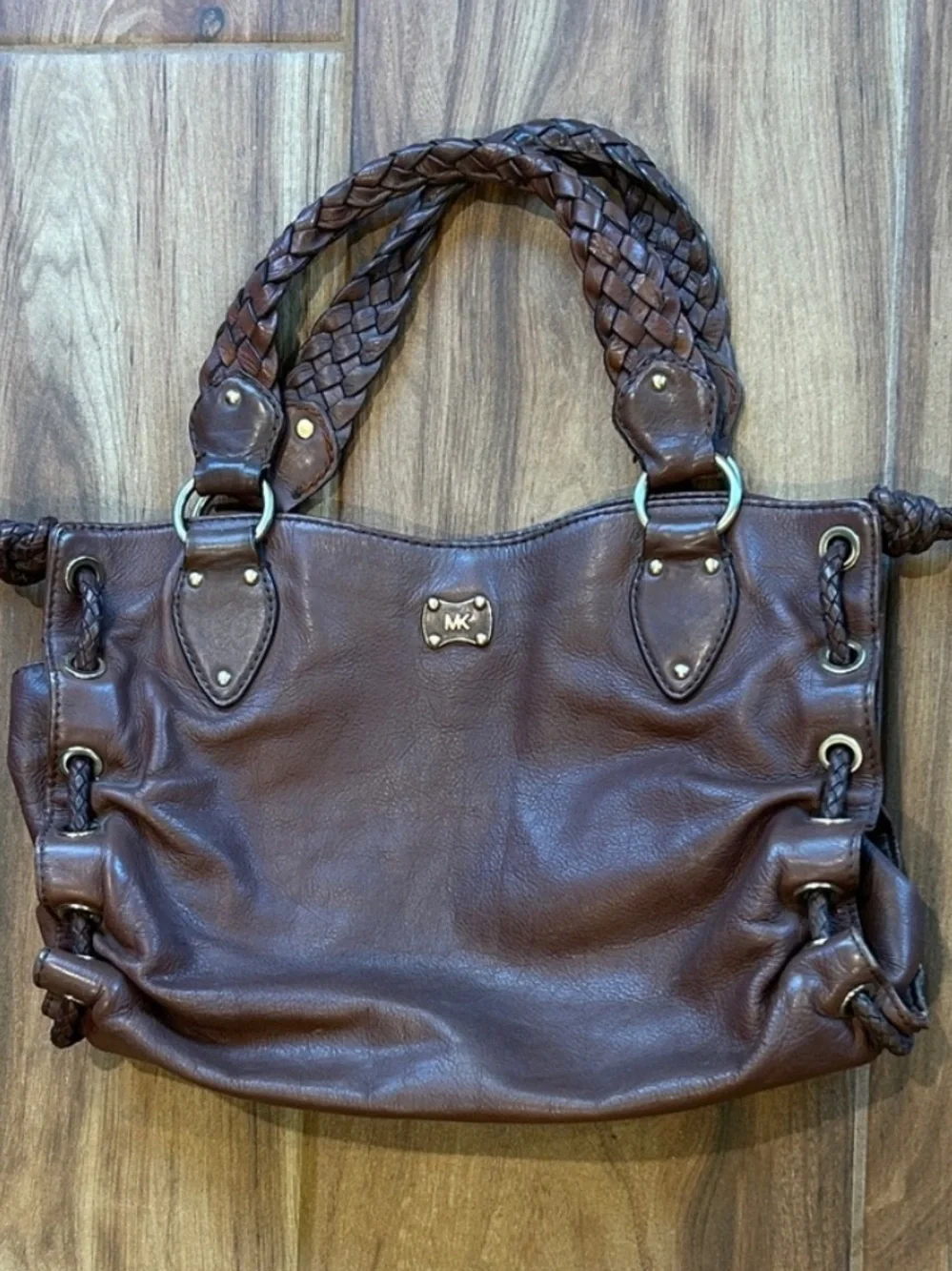 Michael Kors Woodside Satchel Leather Tote Bag Large Brown Gold Hardware