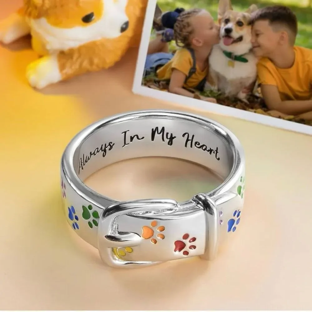 NWT Pet Collar Ring Sz 10/ Rainbow Dog Cat Paw Print engraved Always in my Heart