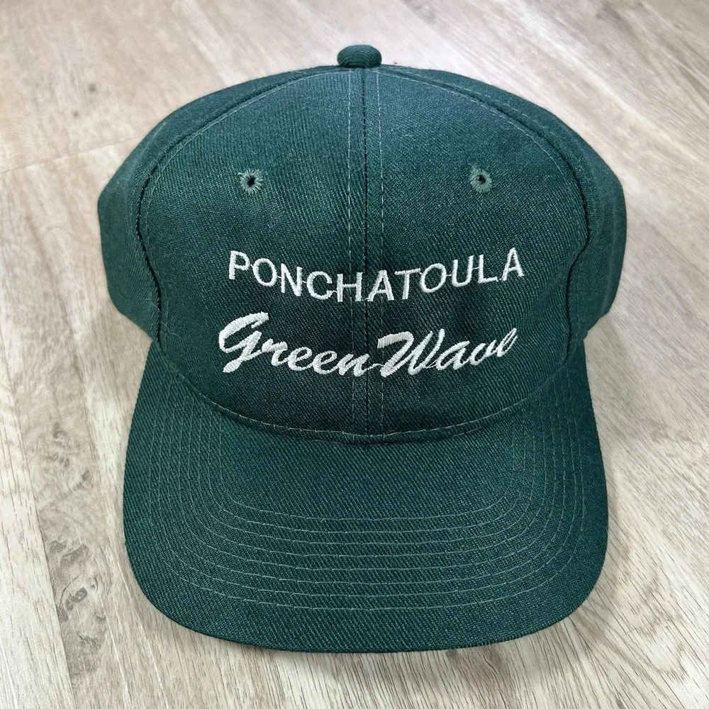 VTG Ponchatoula Green Wave Script Snapback Hat Green Youngan Wool Cap