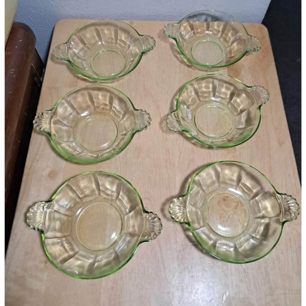 6 Vintage Uranium Glass Berry Dessert Bowls with Handles
